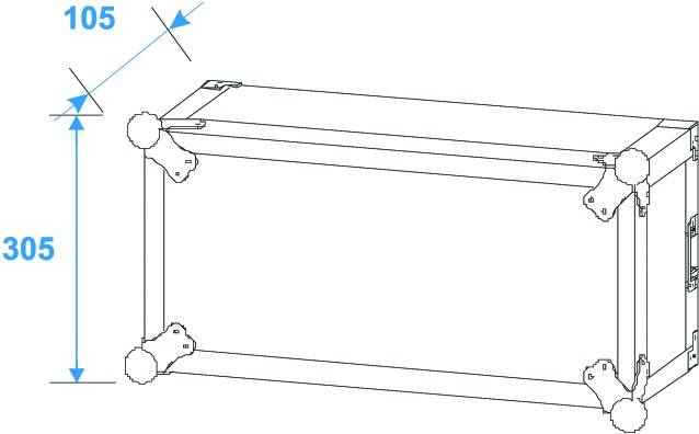 Rysunek techniczny prostokątnego urządzenia o wymiarach 105 i 305 milimetrów, spoczywającego na czterech podporach narożnych.