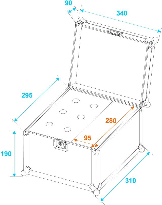 Pudełko z otwartą pokrywą, pokazujące wymiary wewnętrzne: wysokość 190 mm, szerokość 310 mm, głębokość 295 mm. Pokrywa o zewnętrznej głębokości 340 mm. Widocznych pięć otworów.