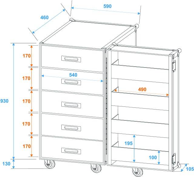 Rysunek wózka z pięcioma szufladami po lewej stronie, otwartymi półkami po prawej stronie. Wymiary: wysokość 930 mm, szerokość 590 mm, głębokość 460 mm.