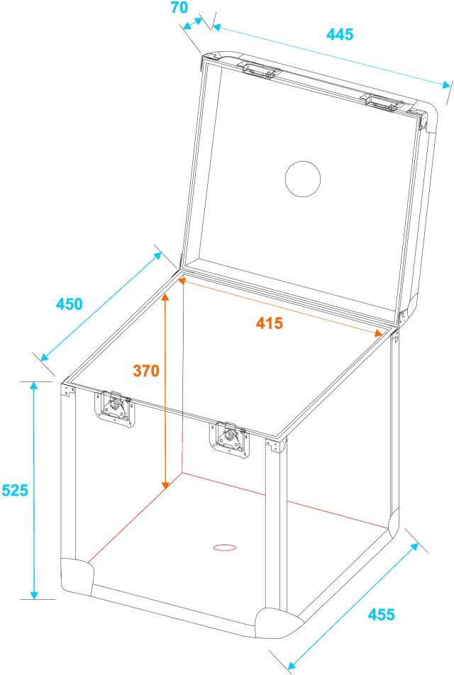 Rysunek techniczny pudełka z otwartą pokrywką. Wymiary podane w milimetrach: wysokość 525, szerokość 450, głębokość 455.