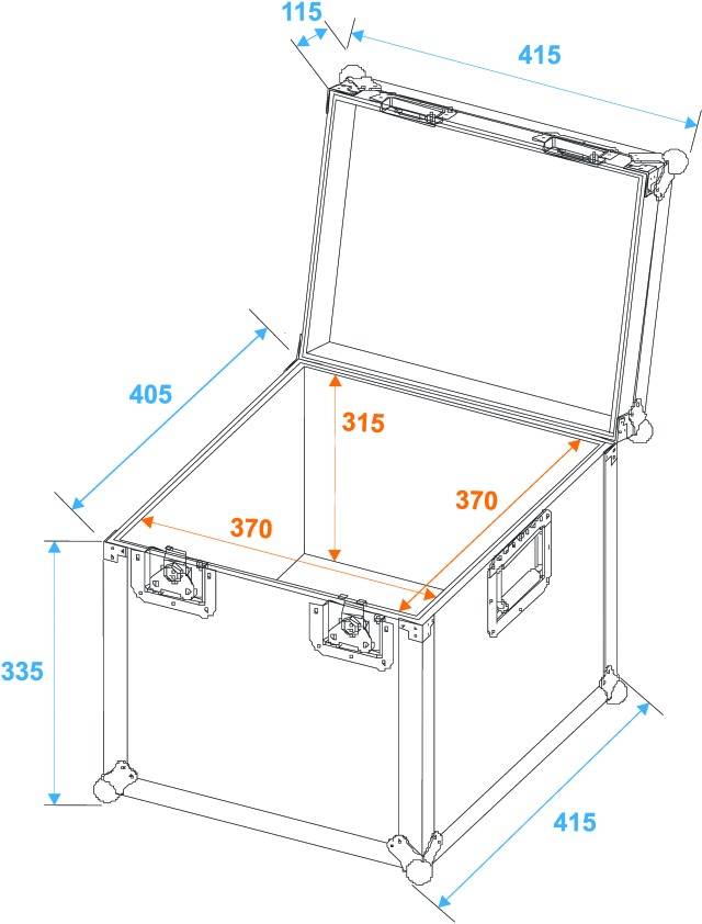 Rysunek techniczny kwadratowej, otwartej skrzynki transportowej o wymiarach: 415x415 mm na zewnątrz, 370x370x315 mm wewnątrz. Pokrywa otwarta.