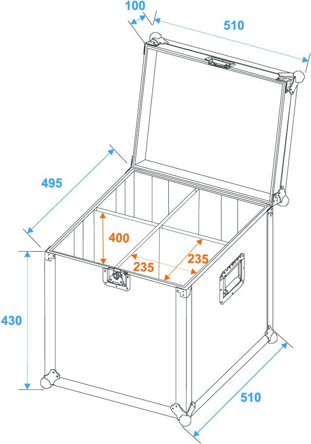 Otwarty pojemnik z podziałką wewnętrzną i podanymi wymiarami: wymiary całkowite 510x510x430 mm, przegrody wewnętrzne 400x235 mm.