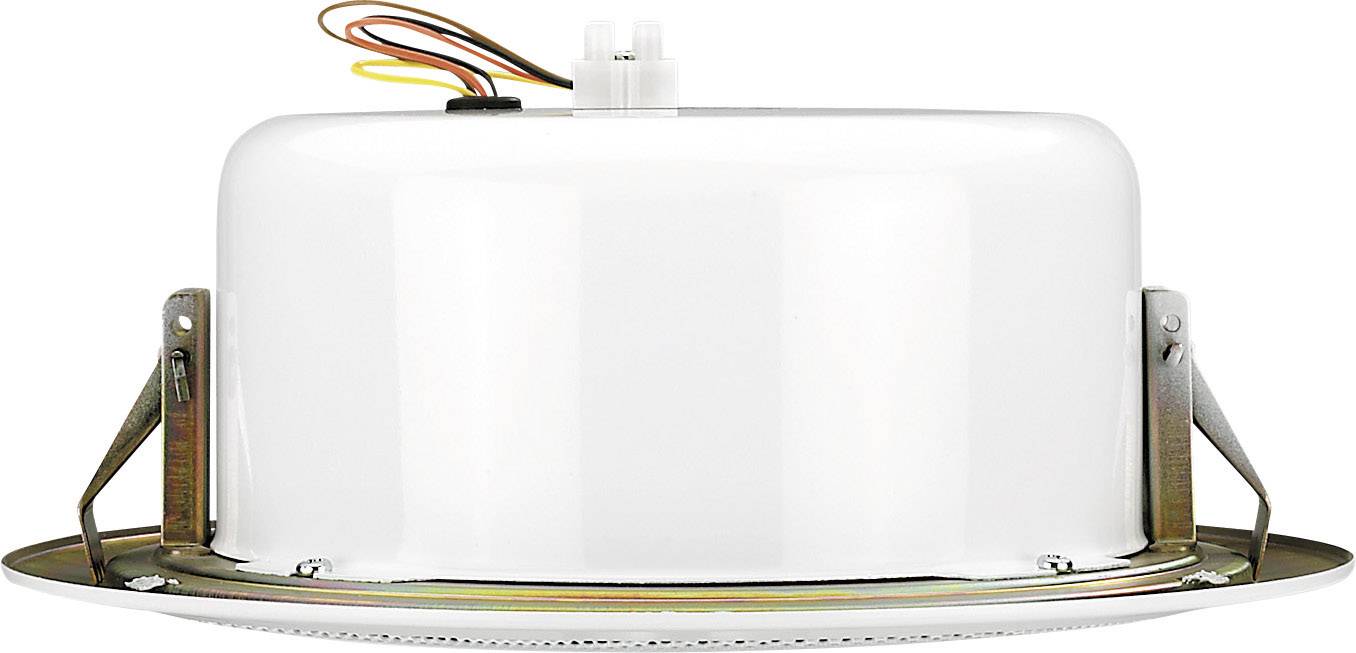 Okrągły wpuszczany reflektor LED w kolorze białym z metalowymi zaciskami mocującymi, widoczne przewody od góry. Odpowiedni do montażu sufitowego.