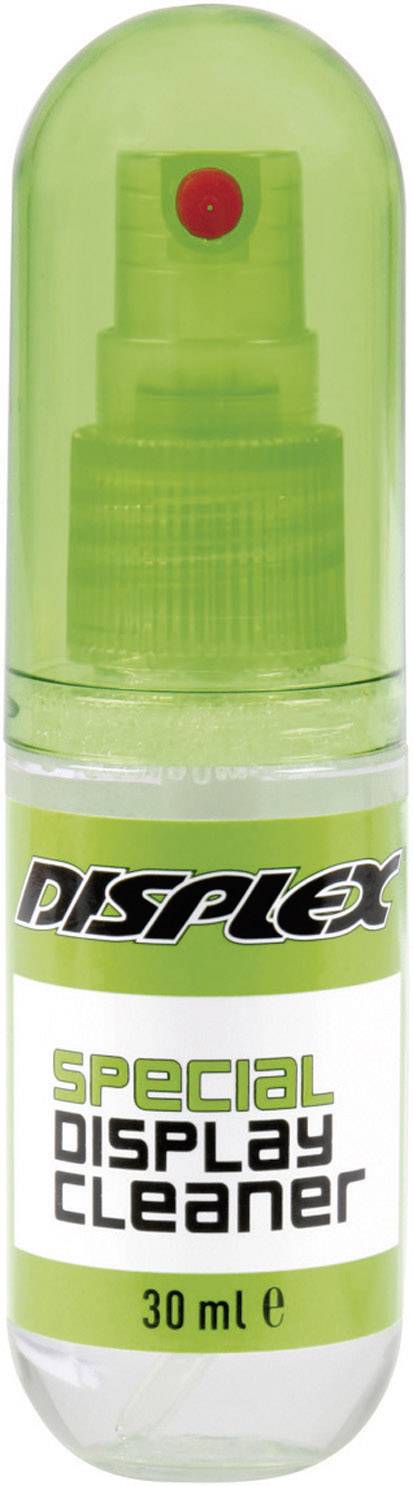 Zielona butelka z rozpylaczem, etykieta 'Displex Special Display Cleaner', 30 ml. Środek czyszczący do elektronicznych ekranów.