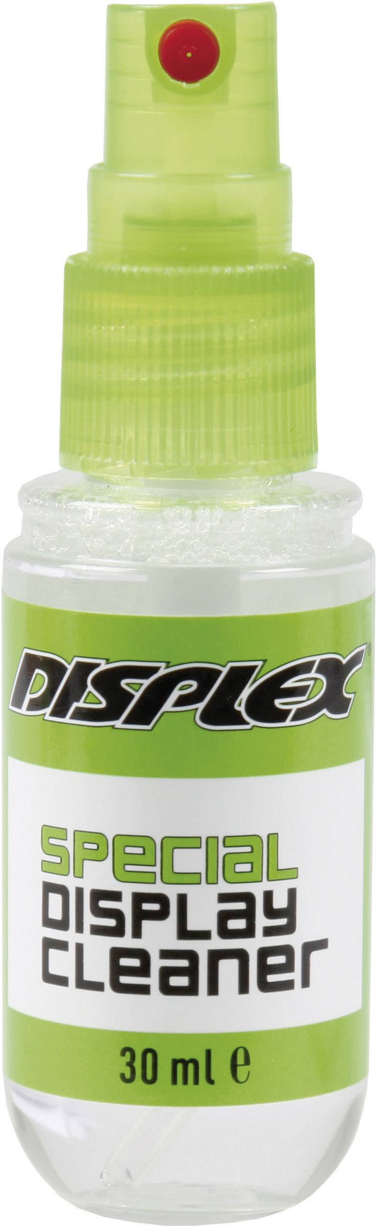 Zielona buteleczka z natryskiem z napisem 'Displex Special Display Cleaner', o pojemności 30 ml. Przeznaczona do czyszczenia ekranów.