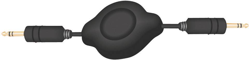 Czarny kabel audio z dwoma wtyczkami 3,5 mm i zaokrąglonym środkowym odcinkiem, stosowany do połączeń audio.