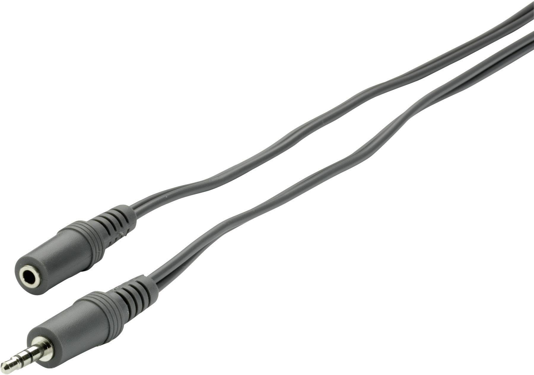 Czarny kabel audio z wtykiem i gniazdem jack 3,5 mm, przeznaczony do przedłużania połączeń audio.