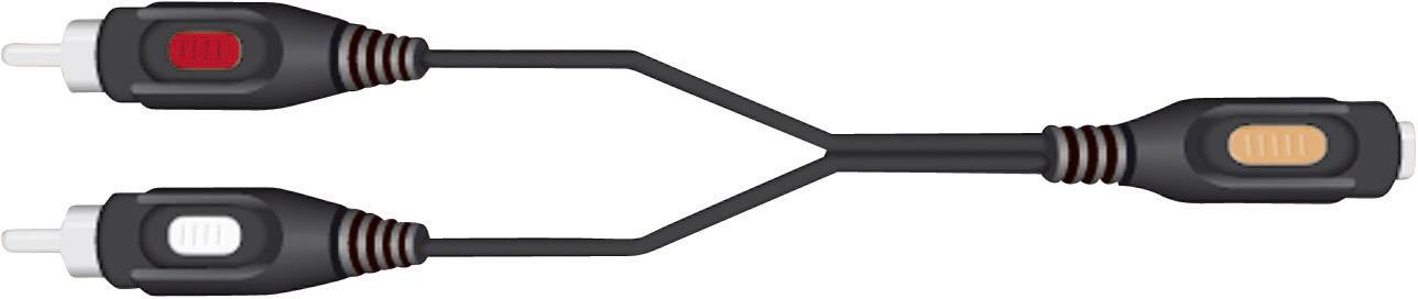 Ilustracja przewodu Y z dwoma wtyczkami RCA (Cinch) po jednej stronie oraz jednym gniazdem po drugiej stronie, przeznaczonego do połączeń audio-wideo.