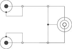 Schemat elektryczny z dwoma połączonymi obwodami i liniami przedstawiającymi logiczne ścieżki.