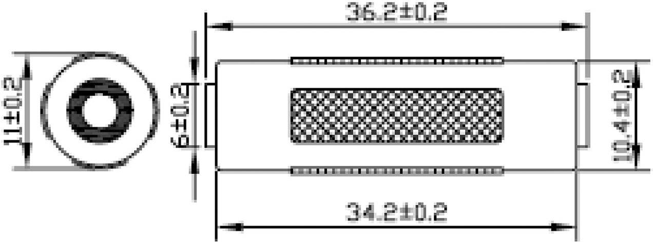 Rysunek techniczny części cylindrycznej z wymiarami: długość 36,2 mm, szerokość 11 mm, z wzorem siatkowym pośrodku.