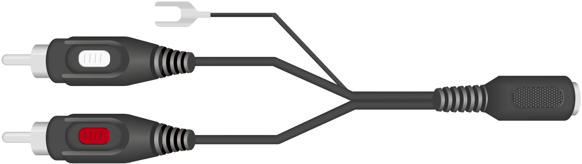Adapter Y z jednym 3-pinowym wtykiem jack łączący go z dwoma wtykami RCA, stosowany typowo w zastosowaniach audio.