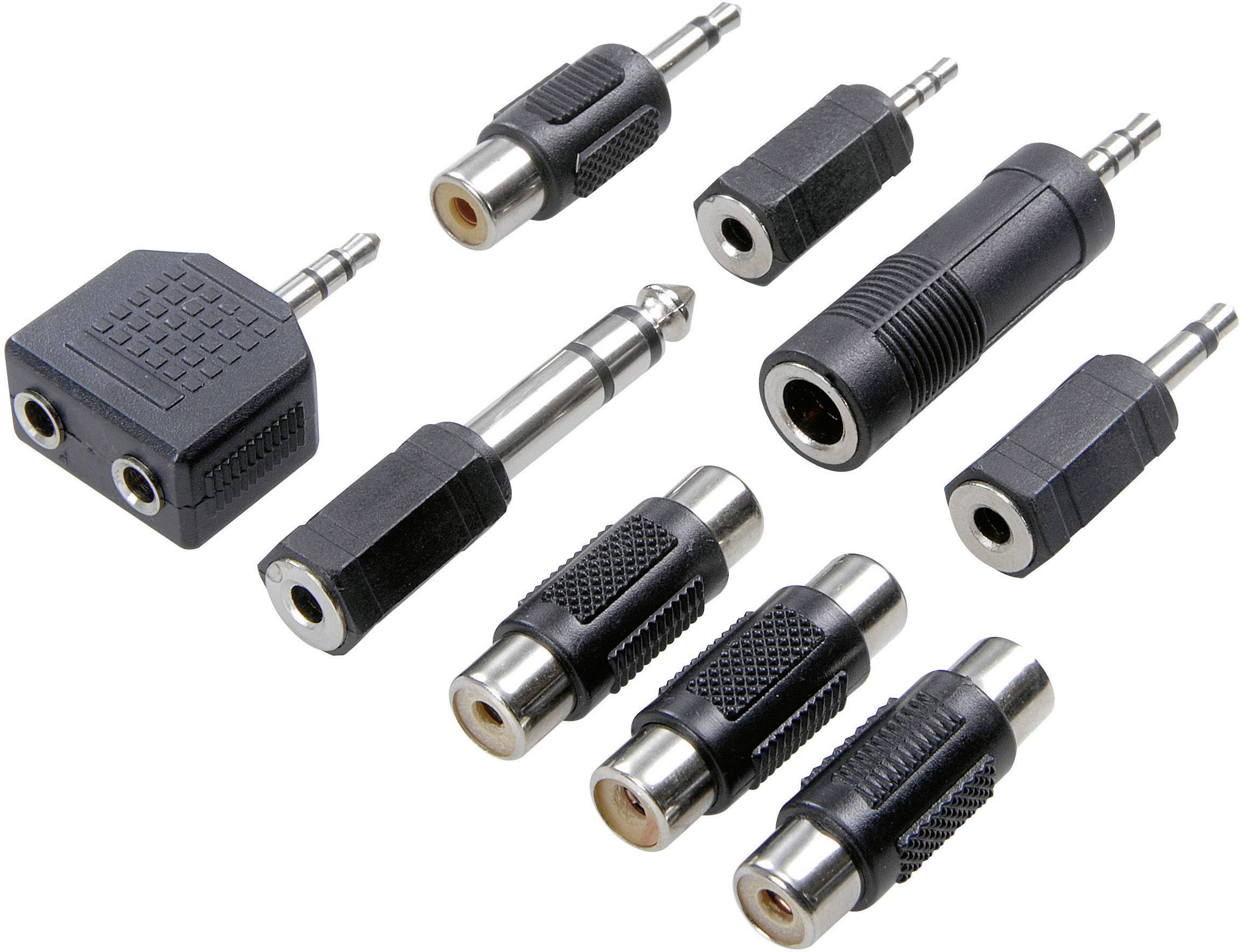 Kilka adapterów i wtyczek audio w różnych kształtach i rozmiarach, w tym wersje jack i RCA.