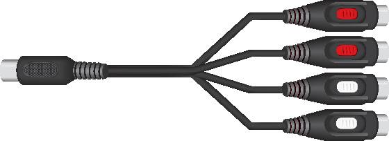 Rozgałęziacz audio z jednym wejściem i czterema wyjściami, oznaczony kolorem czerwonym i białym. Zaprojektowany do łączenia urządzeń audio.