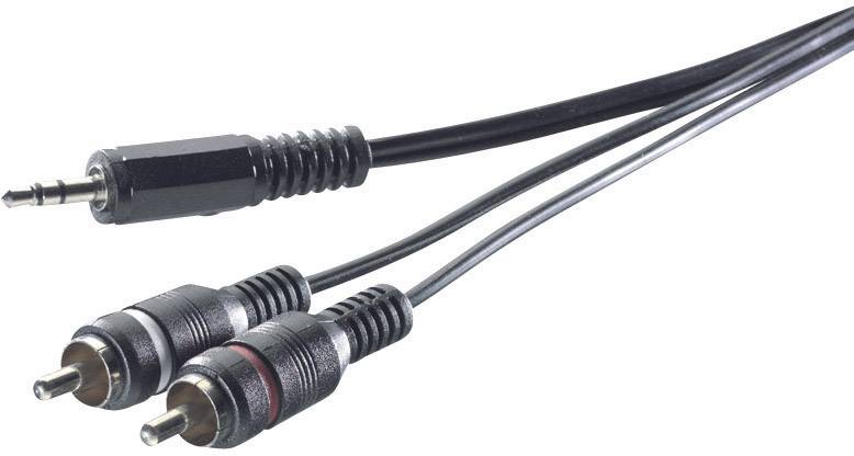 Kabel aux z wtykiem 3,5 mm, który rozgałęzia się na dwa wtyki cinch - czerwony i biały.