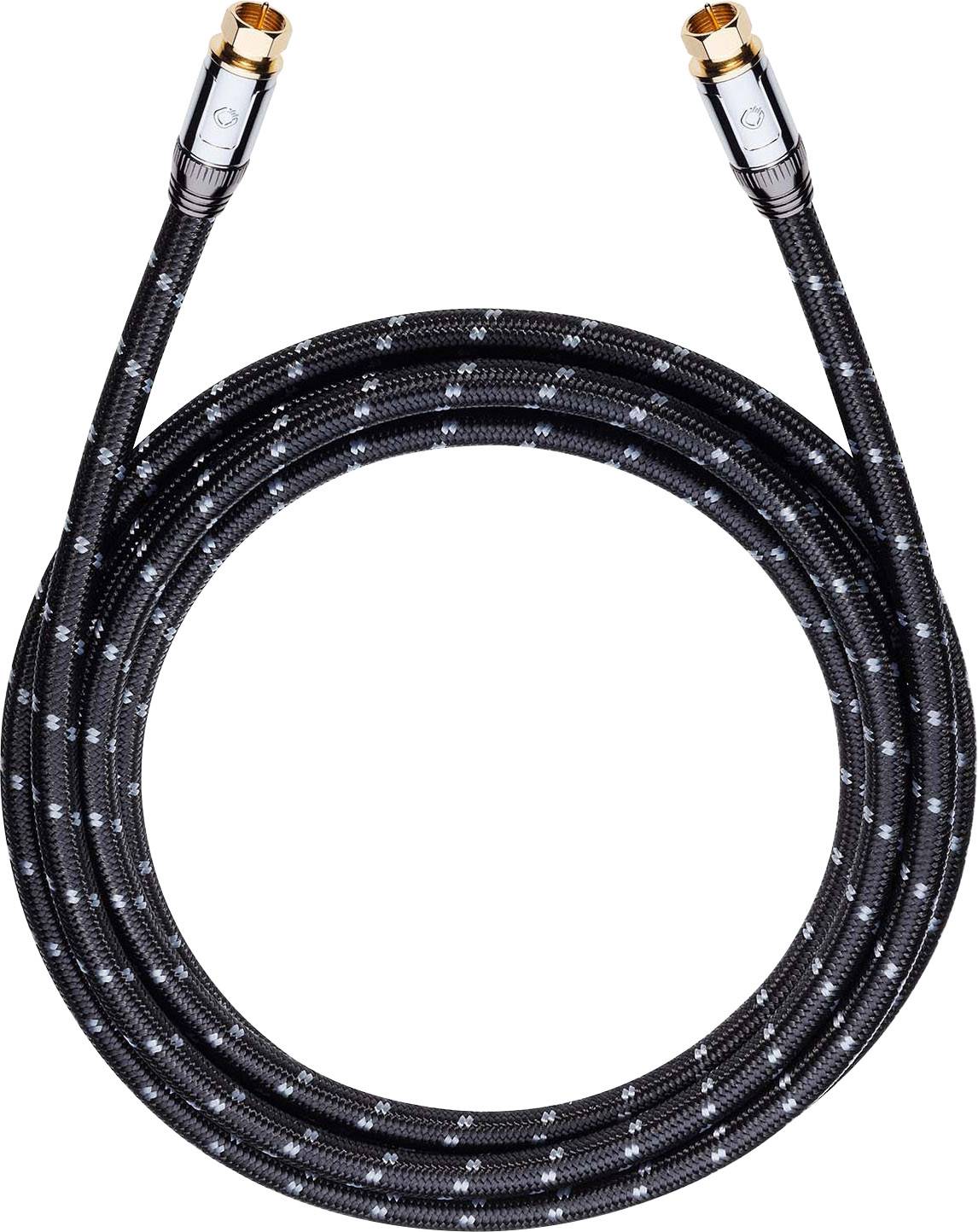 Czarny, pleciony kabel z srebrnymi i złotymi złączami, skręcony w kształt litery U, na białym tle.