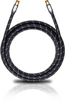 Czarny kabel koaksjalny ze złotymi złączami, zwinięty i stojący pionowo.