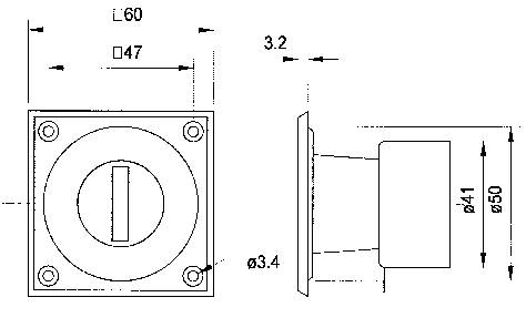 Rysunek techniczny kwadratowego przycisku z mechanizmem obrotowym. Wymiary: 60 mm x 47 mm, głębokość 50 mm. Otwory na śruby o średnicy 3,4 mm.