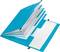 Niebieski, otwarty segregator z wieloma przegródkami, częściowo wypełniony białymi kartkami. Odpowiedni do organizacji dokumentów.