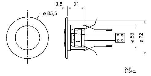 Rysunek techniczny okrągłego metalowego uchwytu z wymiarami: średnica 85,5 mm, średnica całkowita 72 mm, długość bolca 31 mm.