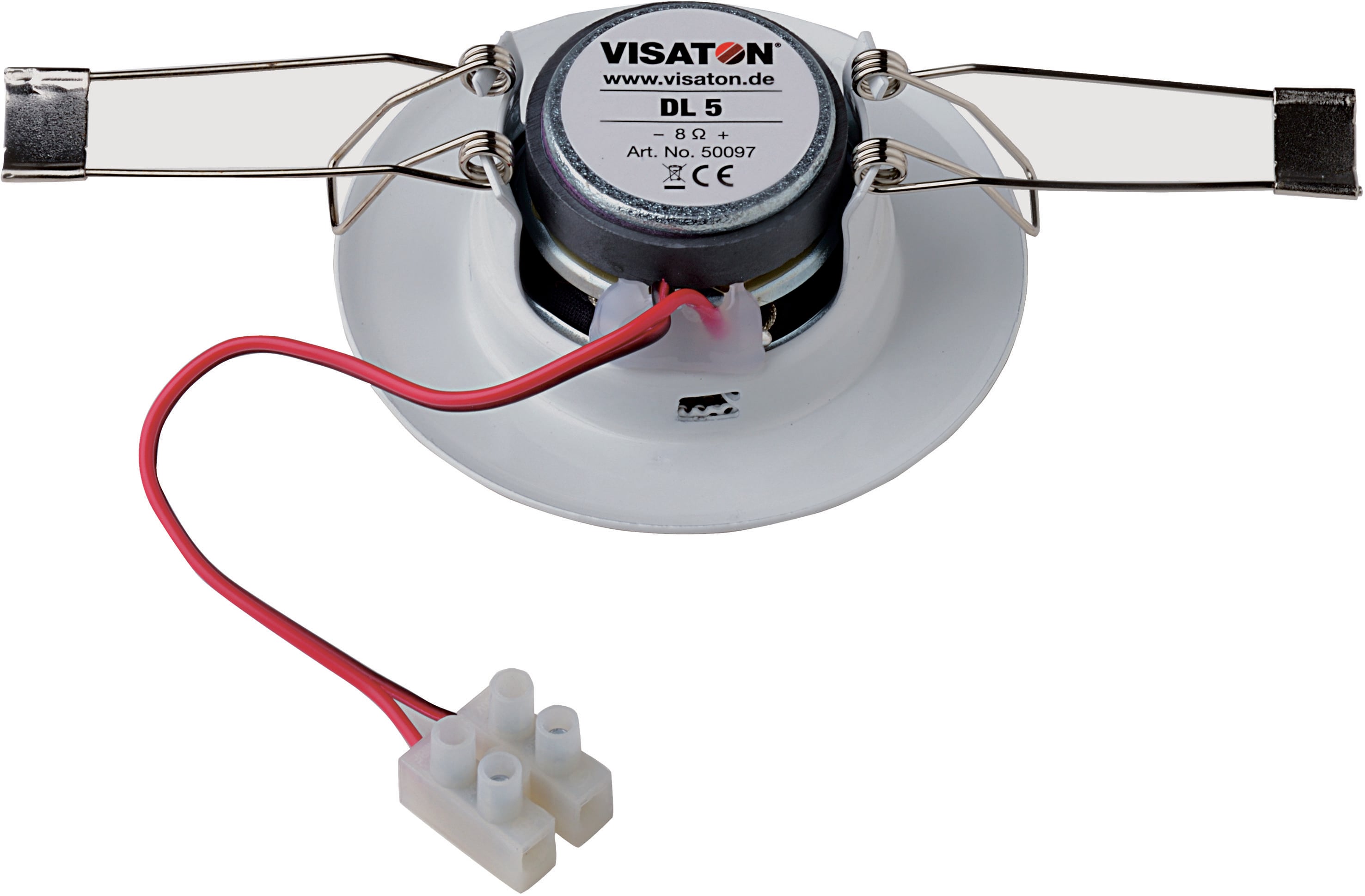 Głośnik sufitowy z dwoma kablami i złączem, oznaczony marką 'Visaton' i numerem modelu 'DL 5', przeznaczony do montażu sufitowego.