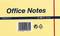 Żółta okładka bloczka samoprzylepnego z napisem 'Office Notes', rozmiar 125x75 mm, 100 kartek, kod kreskowy u dołu.