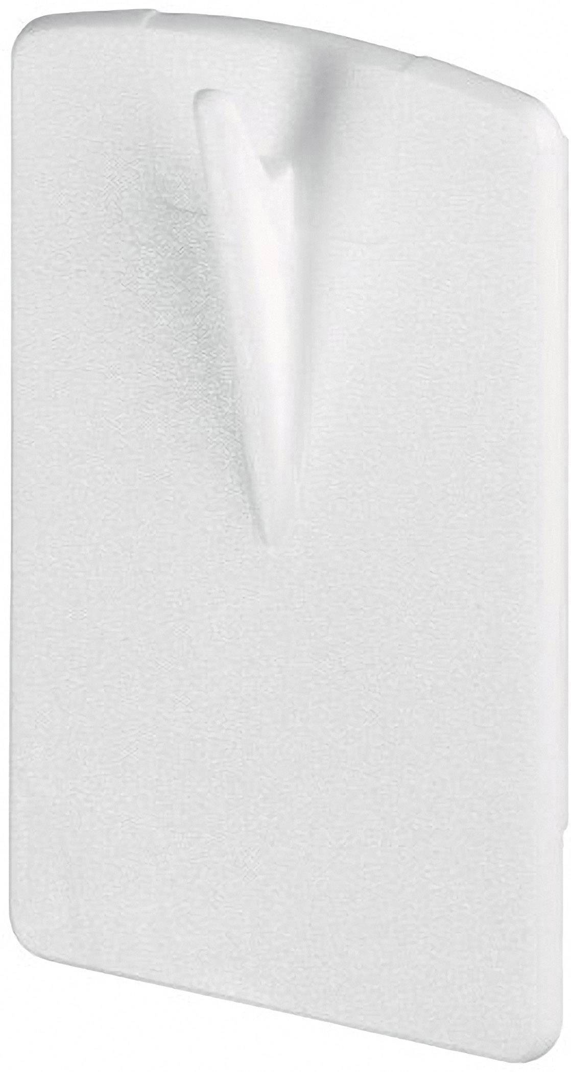 Biały, prostokątny haczyk z tworzywa sztucznego z lekko wystającym, V-kształtnym czubkiem; służy do zawieszania obrazów.