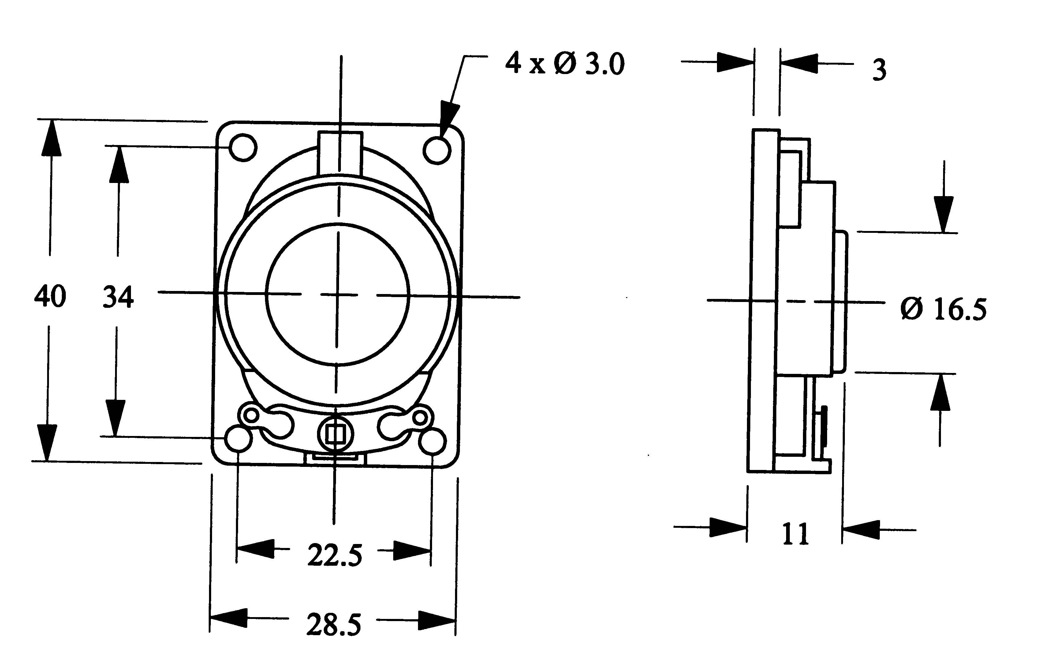Rysunek techniczny elementu okrągłego z wymiarami: 40x34 mm, 28,5 mm w poziomie, 22,5 mm w pionie, głębokość 11 mm. Cztery otwory o średnicy 3 mm.