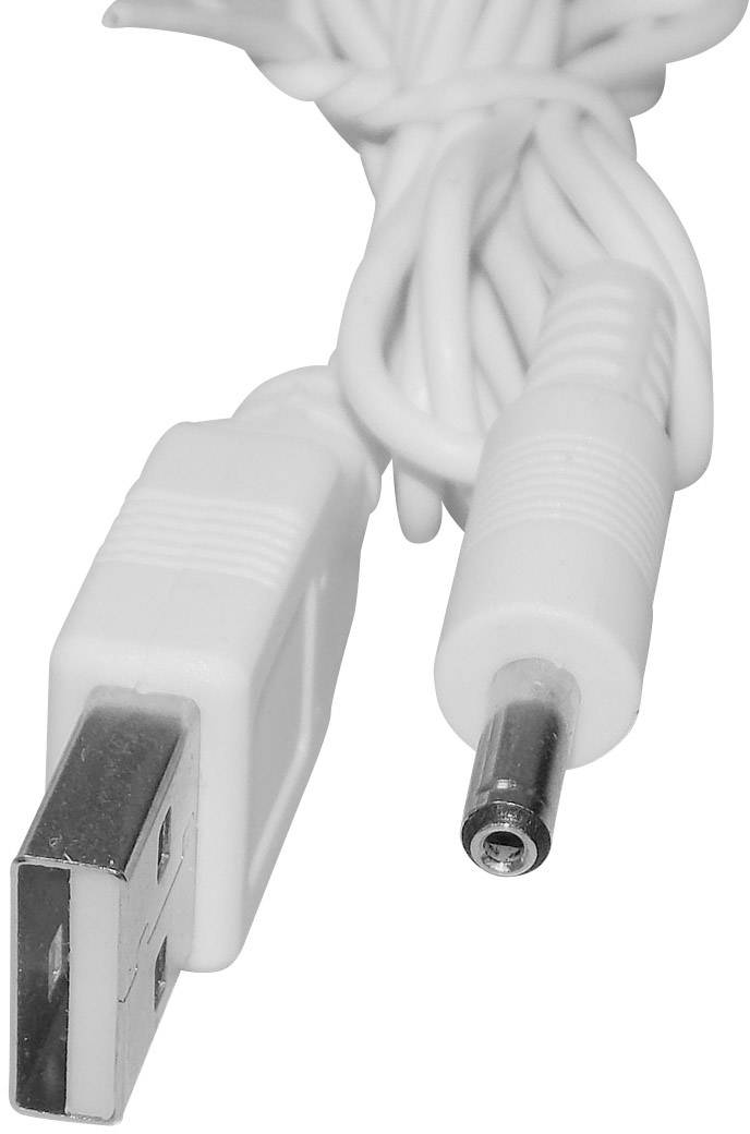 Białe przewód z wtyczką USB po jednej stronie i okrągłą wtyczką DC po drugiej stronie.