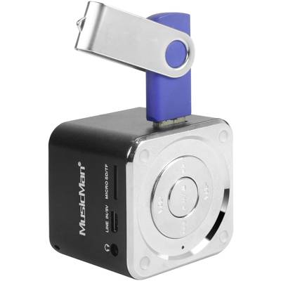 Czarny przenośny głośnik z pendrive'em USB. Przód prezentuje przyciski głośności i odtwarzania. Marka 'MusicMan'.
