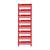 'Czerwony regał metalowy z dziewięcioma półkami.'