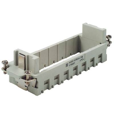 Szary, prostokątny elektryczny złącze z bocznymi zaciskami metalowymi, odpowiednie do zastosowań przemysłowych.