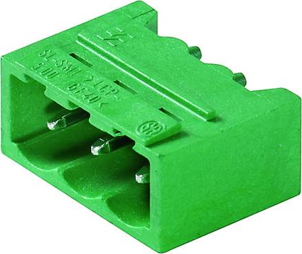 Zielony elektryczny złącz wtykowy z trzema metalowymi stykami, stosowany w połączeniach elektronicznych i tablicach rozdzielczych.