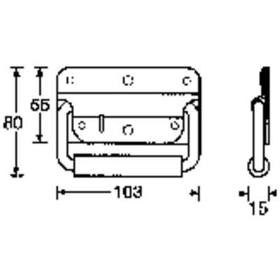 Rysunek techniczny uchwytu metalowego z wymiarami: wysokość 80 mm, szerokość 65 mm, głębokość 15 mm, długość 103 mm. Widok z przodu i z boku.