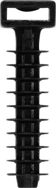 'Czarny uchwyt kablowy z wieloma rowkami i prostokątną głowicą, zaprojektowany do łatwego mocowania w otworze.'