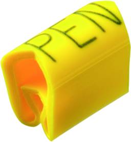 Żółty spinacz z napisem 'PEN' czarną czcionką, wykonany w technologii druku 3D, leżący na jednym boku.