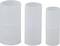 Trzy przezroczyste cylindry z tworzywa sztucznego o różnych rozmiarach ułożone obok siebie, prawdopodobnie jako pojemniki lub pokrywy.