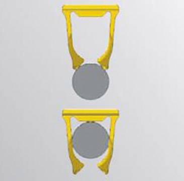 'Dwie pomarańczowe klamry trzymają odpowiednio jeden szary okrąg.'