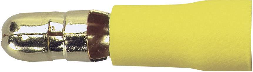 Żółty wtyk bananowy z metalicznym stykiem, używany do połączeń kablowych w technice audio.