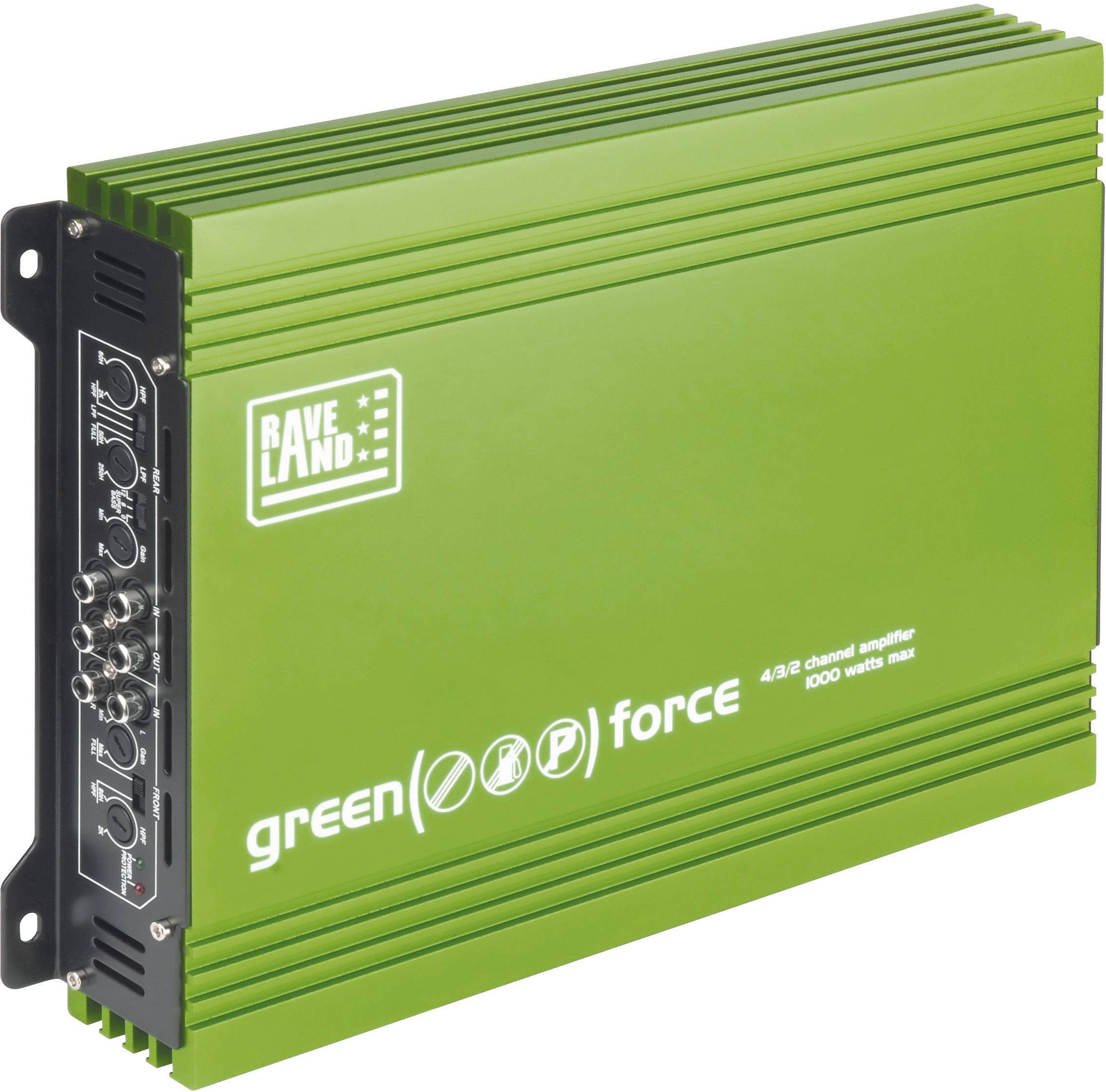 Zielony wzmacniacz z napisem 'green force' oraz '1000 watts max'. Elementy sterujące i złącza znajdują się z boku.