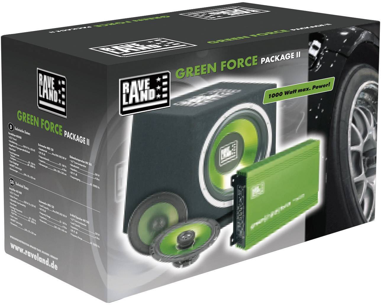 Pakiet Green Force Package II z zielonym głośnikiem, wzmacniaczem i akcesoriami od Raveland. Tekst: 'Green Force Package II', '1000 W maks. Moc'.