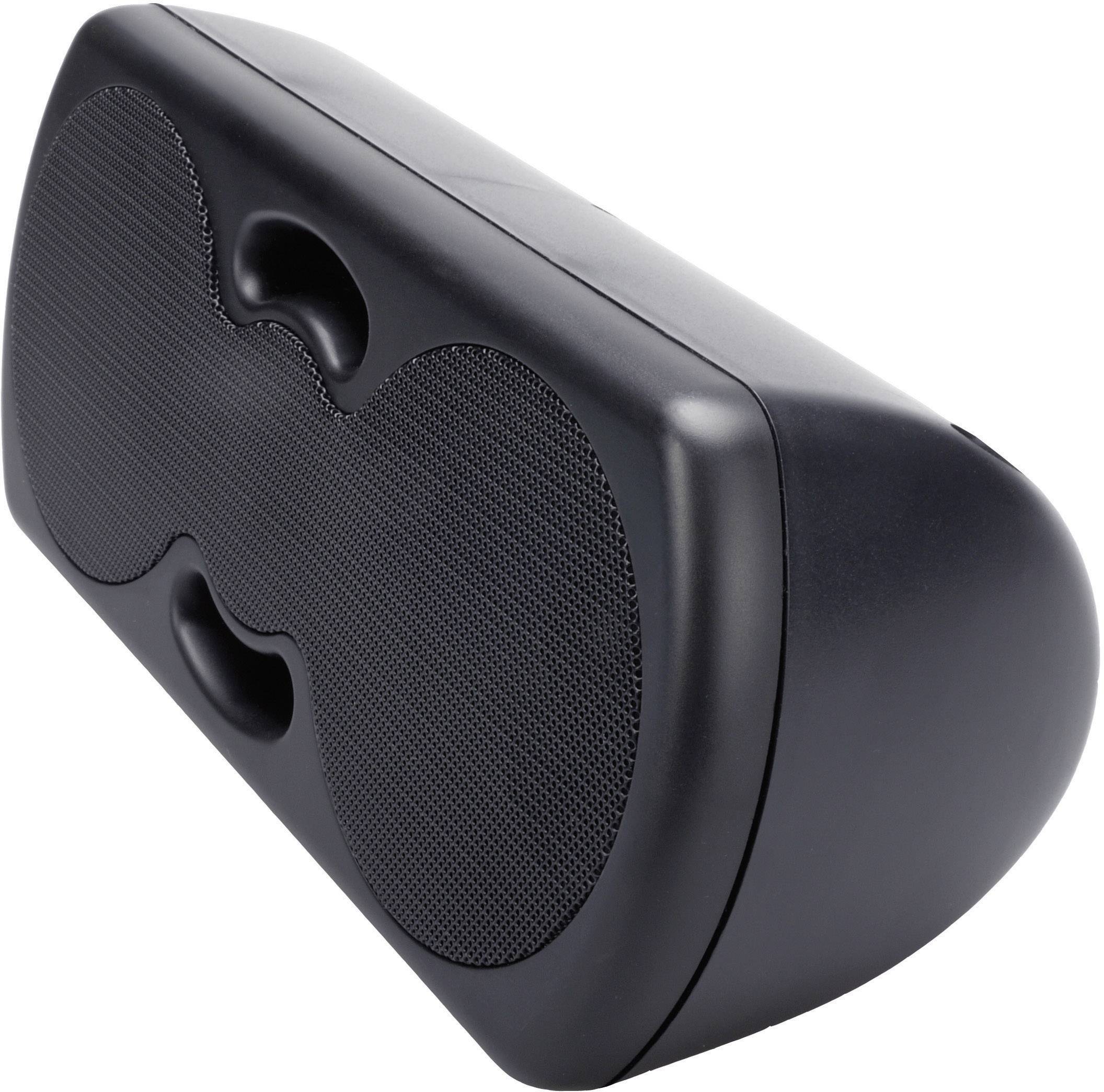 Czarny głośnik z dwoma okrągłymi kratkami z przodu, lekko pochylony, bez widocznych elementów sterujących lub złączy.