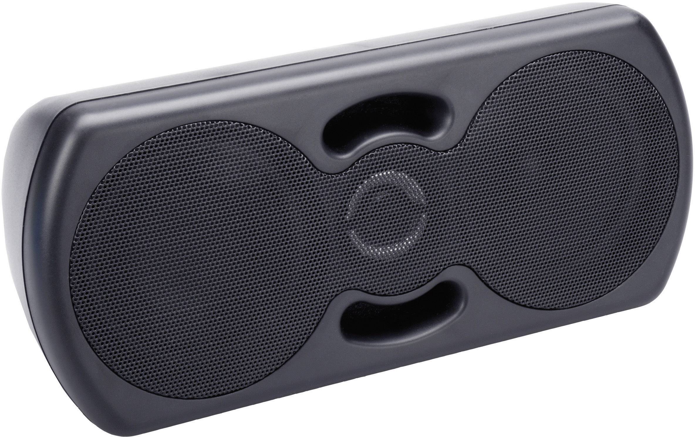 Przenośny głośnik Bluetooth w kolorze czarnym z zaokrąglonymi krawędziami, idealny do słuchania muzyki w ruchu.