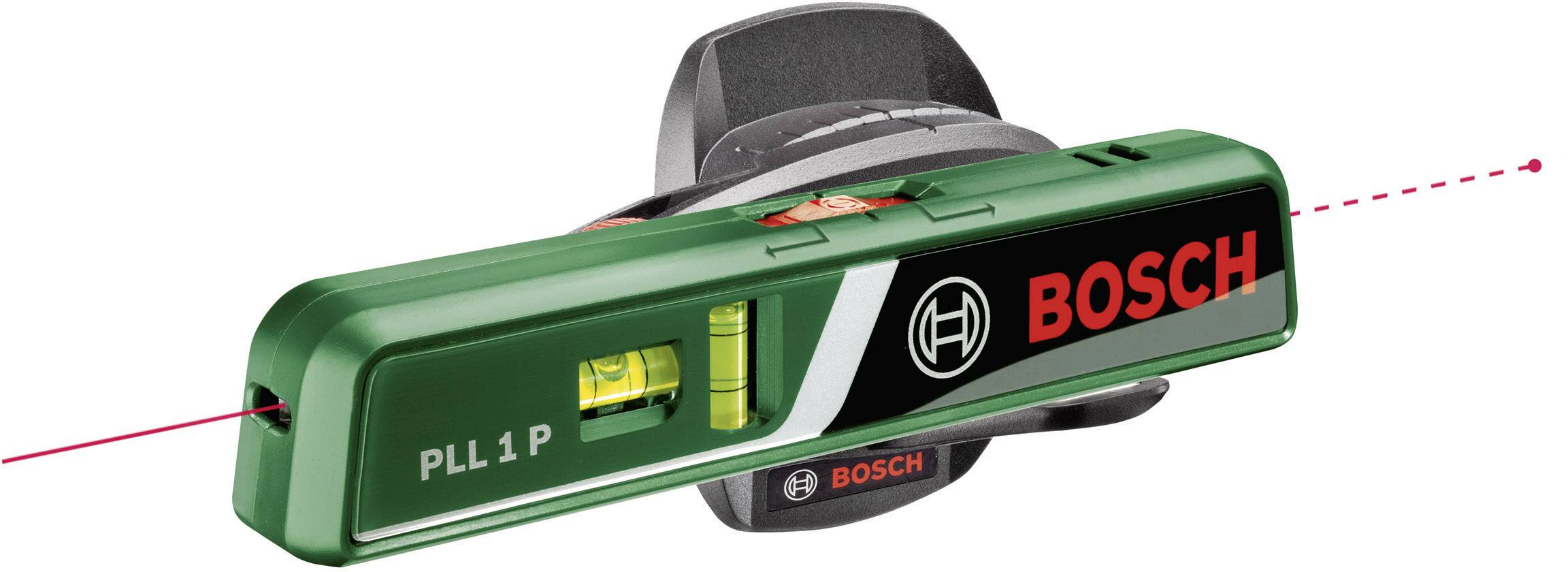 Poziomica laserowa Bosch PLL 1 P w kolorze zielonym. Wyświetla czerwoną linię laserową do precyzyjnego poziomowania.