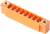 Pomarańczowy złącz z siedmioma otworami przyłączeniowymi i dwoma otworami mocującymi na końcach. Odpowiedni do połączeń elektrycznych.