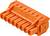 Listwa złączowa w świecącym pomarańczowym kolorze, o prostokątnym kształcie z siedmioma przyłączami, techniczny złącznik do zastosowań elektronicznych.