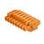 Pomarańczowa plastikowa złączka z wieloma otworami przyłączeniowymi i dwoma śrubami mocującymi, używana do połączeń elektrycznych.