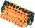 Pomarańczowa elektryczna kostka przyłączeniowa z wieloma gniazdami i czarnymi dźwigniami, stosowana do łączenia przewodów.