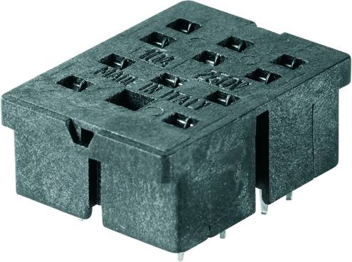 Czarny elektroniczny złącz wtykowy z wieloma gniazdami i pinami, widoczne napisy '230V', 'MADE IN ITALY'.