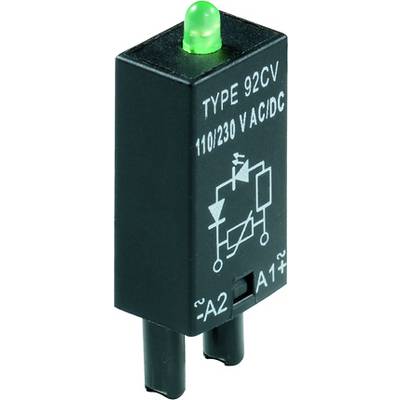 Czarne przekaźnik z zieloną diodą LED, oznaczony napisem 'TYPE 92CV 110/230 V AC/DC', z dwoma złączami u dołu.