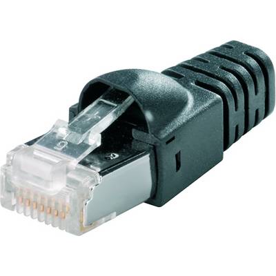Czarny wtyk Ethernet z przezroczystym końcem i ośmioma stykami miedzianymi, stosowany do połączeń sieciowych.